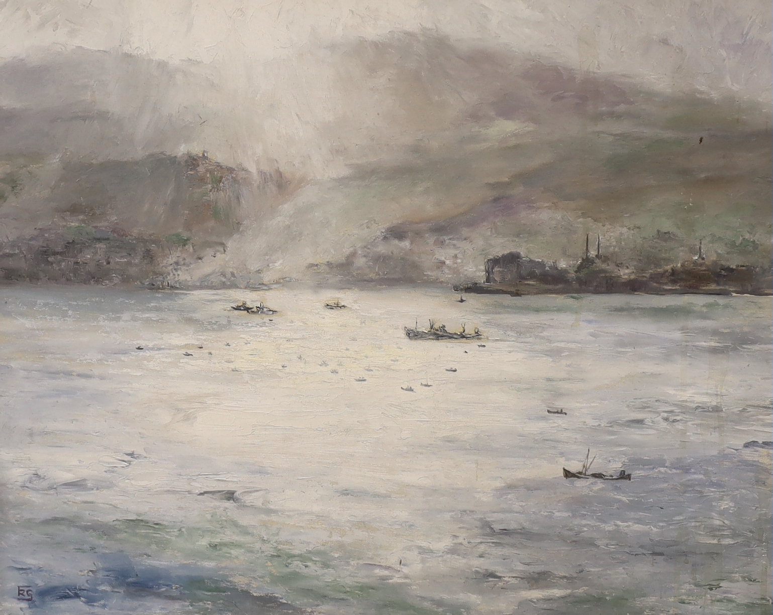 R Green, Impressionist oil on board, Seascape with boats before mountains, monogrammed, inscribed verso, 45 x 54cm